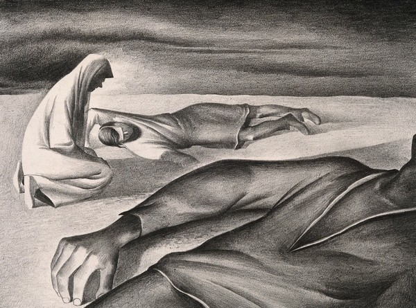 People dying, as a result of the plague. Drawing by A.L. Tarter, 194-.