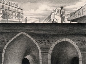 view Entrance to the sewers of a European city, a breeding ground for rats and plague. Drawing by A.L. Tarter, 194-.