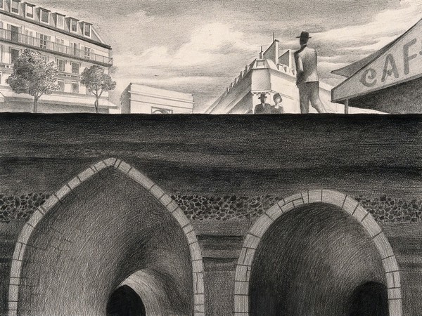 Entrance to the sewers of a European city, a breeding ground for rats and plague. Drawing by A.L. Tarter, 194-.