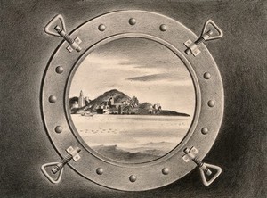 view New York seen through the porthole of an arriving ship, bringing the plague. Drawing by A.L. Tarter, 194-.