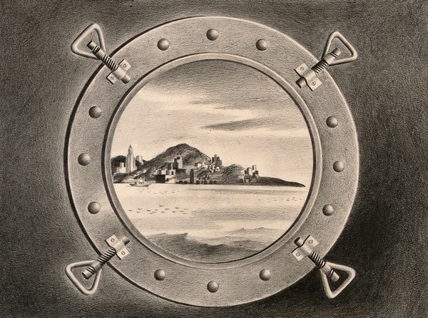 New York seen through the porthole of an arriving ship, bringing the plague. Drawing by A.L. Tarter, 194-.