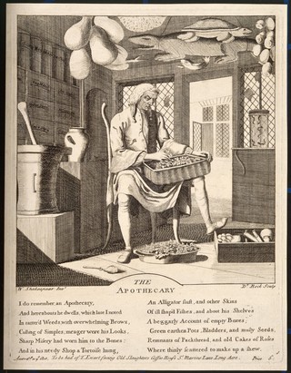 An apothecary sitting in his shop, sorting through materia medica, surrounded by paraphernalia of his profession. Engraving, ca. 1750.