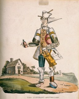 A man composed of pharmaceutical equipment wandering the countryside; representing an apothecary as if he were an itinerant. Coloured lithograph.