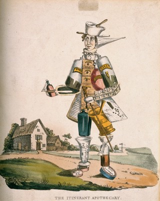 A man composed of pharmaceutical equipment wandering the countryside; representing an apothecary as if he were an itinerant. Coloured lithograph.