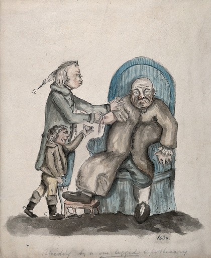 A surgeon-apothecary bleeding a patient, his servant boy catches the drops. Watercolour.