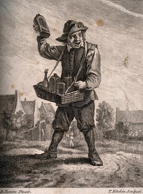 A country pedlar selling medicines from a basket. Etching by T. Kitchin after D. Teniers the younger.