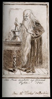 Old Parr, an elderly apothecary with an extremely long beard mixing a concoction with a pestle and mortar. Pen drawing by Matthews(?), 1861(?).