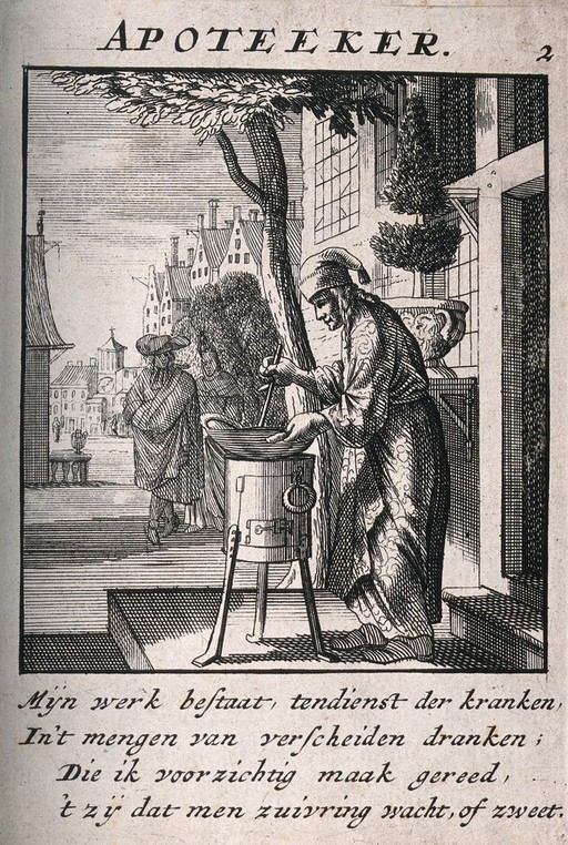 An apothecary making a concoction in the street outside his workshop. Etching.