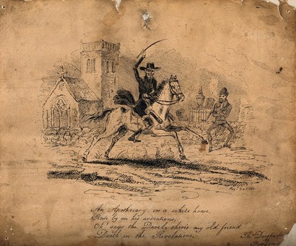 A skeletal figure riding a horse past a church and the devil; representing an apothecary and his remedies. Etching after R. Easton.