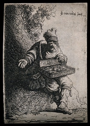 view A travelling drug seller. Etching by J. van der Vliet.