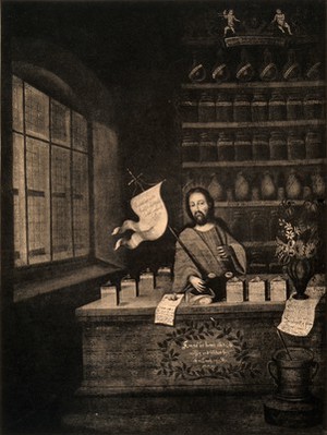 view Christ as apothecary; suggesting the idea of Christ as the universal healer. Reproduction of a photograph of an oil painting after J. Marie Appeli, 1731.