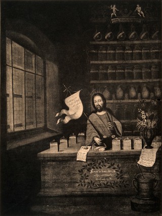 Christ as apothecary; suggesting the idea of Christ as the universal healer. Reproduction of a photograph of an oil painting after J. Marie Appeli, 1731.