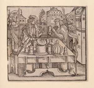 view An apothecary publically preparing the drug theriac, under the supervision of a physician. Woodcut.