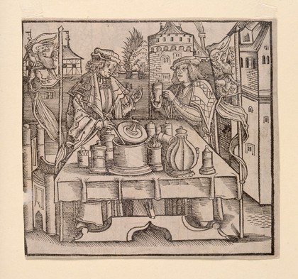 An apothecary publically preparing the drug theriac, under the supervision of a physician. Woodcut.