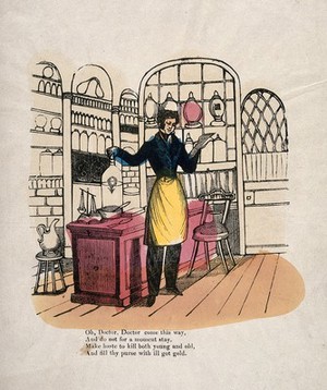 view A pharmacist making up a prescription in his shop. Coloured woodcut.