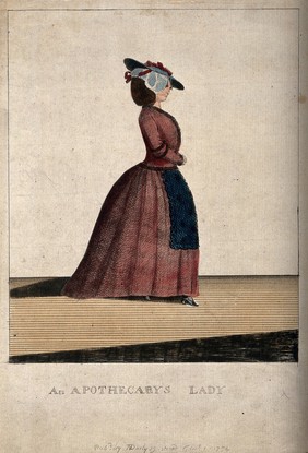 A fashionably dressed apothecary's wife. Coloured etching by M. Darly, 1774.