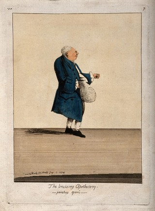An aged unpleasant apothecary. Coloured etching by M. Darly, 1774.