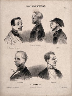 view A druggist, a pharmacy student, a pounder (of medicine), a chemist and a pharmacist. Lithograph by J. Platier, 1842.