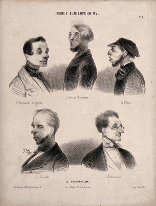 A druggist, a pharmacy student, a pounder (of medicine), a chemist and a pharmacist. Lithograph by J. Platier, 1842.