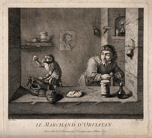 view A medicine vendor tying up his pet monkey. Etching by T. Major after D. Teniers II.