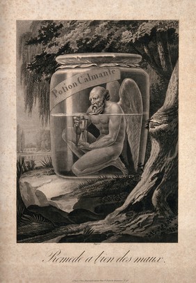 An angel in a large pot holding an hour-glass surrounded by beautiful countryside - advertising a calming potion. Aquatint.