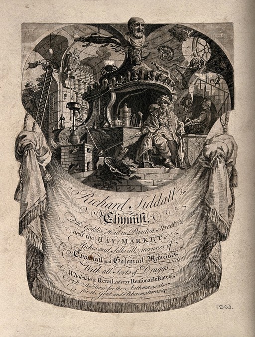 A pharmacist in his workshop surrounded by the paraphernalia of his trade - advertising Richard Siddall. Etching.