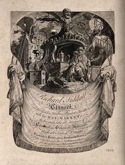 A chemist, surrounded by symbols and instruments of chemistry, advertising Richard Siddall, chemist in London. Etching by R. Clee, ca. 1750, after J. de Lajoue, ca. 1735.