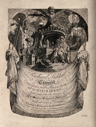 A chemist, surrounded by symbols and instruments of chemistry, advertising Richard Siddall, chemist in London. Etching by R. Clee, ca. 1750, after J. de Lajoue, ca. 1735.