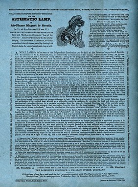 A vignette of a woman inhaling from a small lamp - advertising the 'asthmatic lamp'. Woodcut and letterpress, 1843.