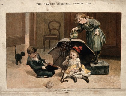 Children playing at creating the effect of a wet day with bellows, watering-can and an umbrella. Chromolithograph after E. Lees after A. Havers, 1890.