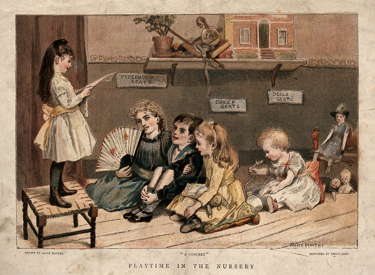 Children playing in their nursery: performing at and attending the theatre. Chromolithograph after E. Lees after A. Havers, 1890., 1890, by Alice Havers