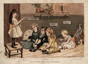 view Children playing in their nursery: performing at and attending the theatre. Chromolithograph after E. Lees after A. Havers, 1890.