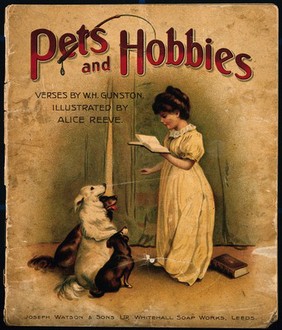 A little girl reading to her three dogs; introducing a set of advertisements for Nubolic soap. Chromolithograph by A. Reeve.