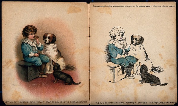 Verses for children about measuring dogs (left); details of Sparkla cleaning product and Nubolic soap. Lithographs.