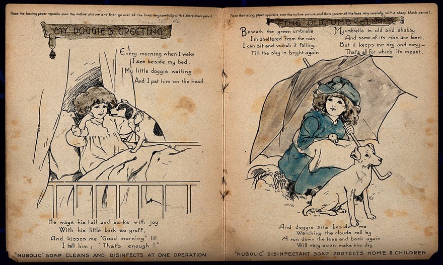 Verses for children about measuring dogs (left); details of Sparkla cleaning product and Nubolic soap. Lithographs.