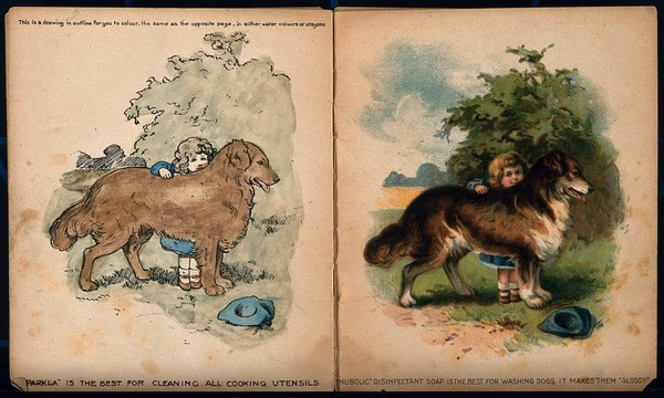 A little girl reading to her three dogs; introducing a set of advertisements for Nubolic soap. Chromolithograph by A. Reeve.