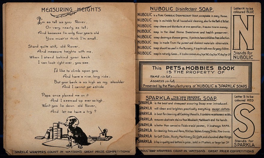 Verses for children about measuring dogs (left); details of Sparkla cleaning product and Nubolic soap. Lithographs.