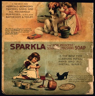 Verses for children about measuring dogs (left); details of Sparkla cleaning product and Nubolic soap. Lithographs.