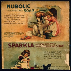 view A girl washing a dog as an advertisement for Nubolic soap. Chromolithograph by A. Reeve.