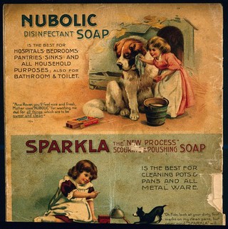 A girl washing a dog as an advertisement for Nubolic soap. Chromolithograph by A. Reeve.