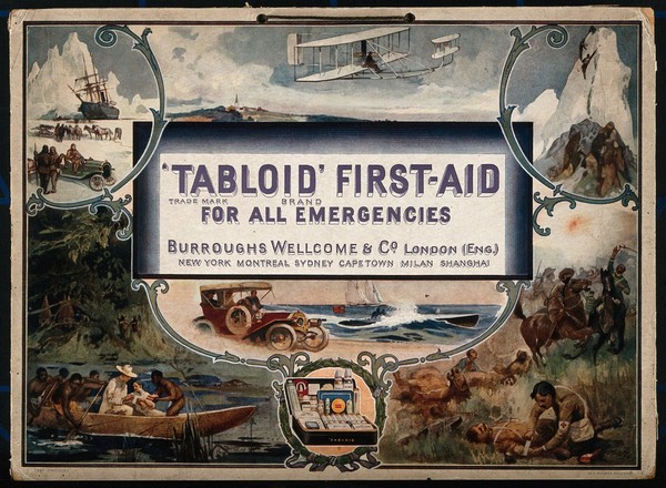 Situations in which a Tabloid medicine chest made by Burroughs Wellcome would be useful. Colour process print, ca. 1909.