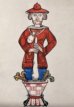 A man pounding a mixture with a pestle and mortar - an emblem from a drug jar. Watercolour.