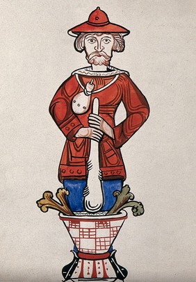 A man pounding a mixture with a pestle and mortar - an emblem from a drug jar. Watercolour.