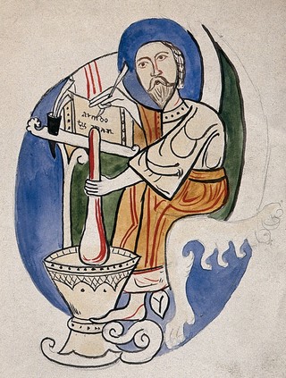 A scholar/apothecary mixing a concoction with a pestle and mortar and writing down the remedy; an emblem from a drug jar. Watercolour.