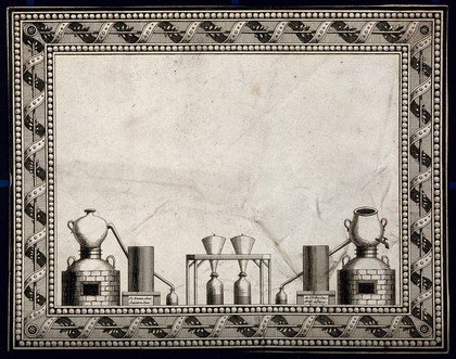 A design for a pharmacy label with scientific equipment and an ornate border. Etching.