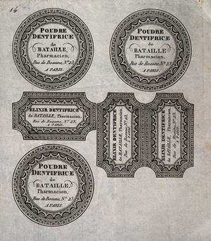 view Five designs for toothpaste powder labels for a French pharmacist, Bataille. Line engraving.