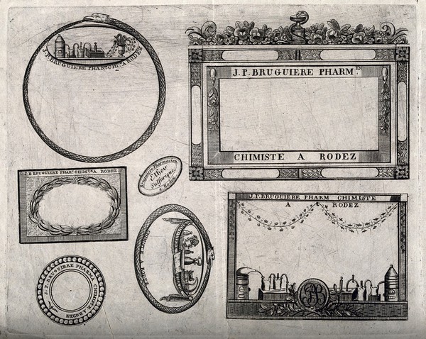 Seven different designs for labels for a French pharmacist, J.P. Bruguiere of Rodez. Etching.