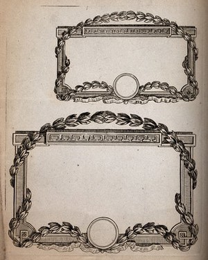 view Two designs for pharmacy labels. Etching.