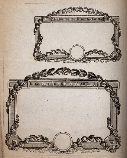 Two designs for pharmacy labels. Etching.