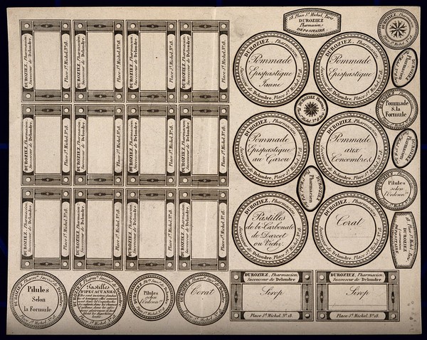 Product labels for the pharmacist Duroziez of Paris. Line engraving.